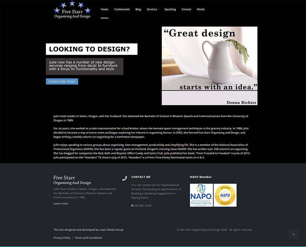 Five Starr Organizing & Design Home page before redesign
