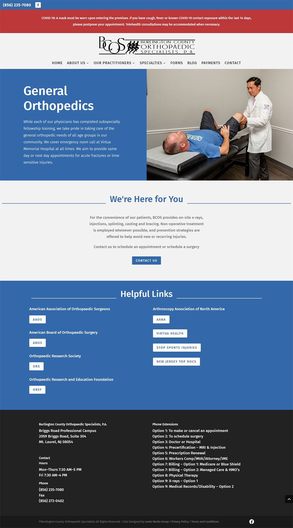 Burlington County Orthopaedic Specialists General Orthopedic page after redesign