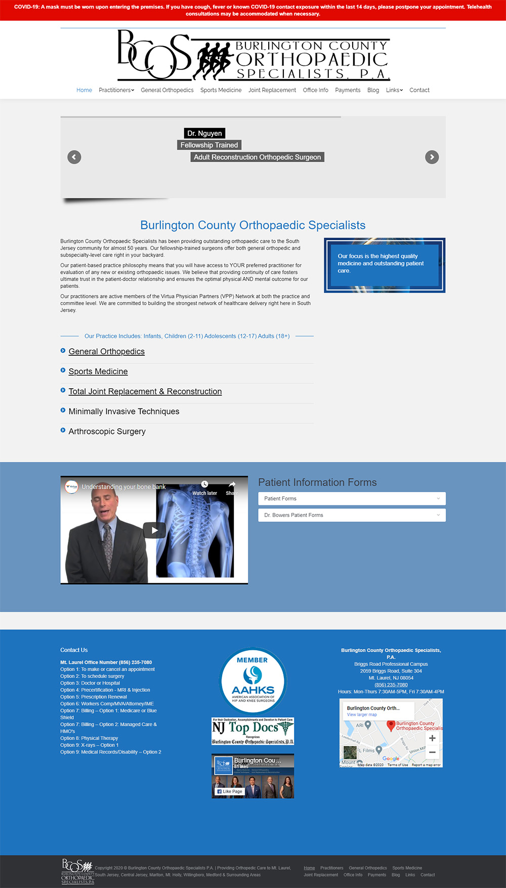 Burlington County Orthopaedic Specialists Home page before redesign