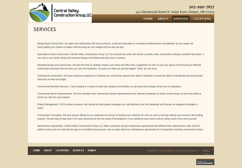 Central Valley Construction Group Services page Before redesign