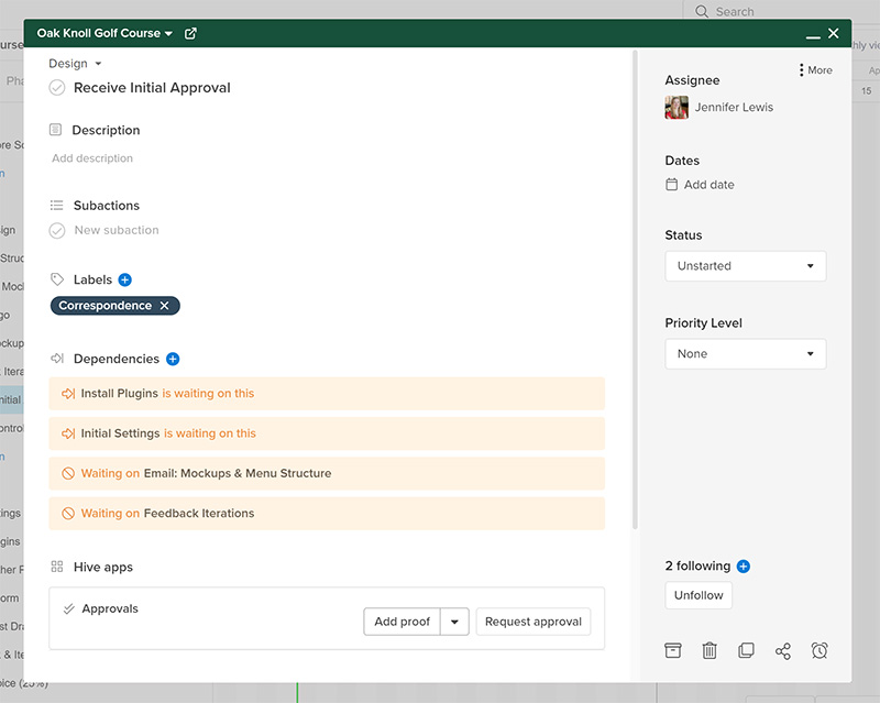 Screenshot of Hive the Productivity Platform action card for receiving initial approval on a client website