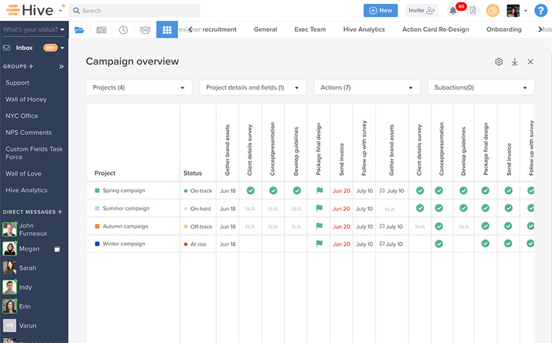 Screenshot of Hive the Productivity Platform's portfolio view showing projects and their statuses