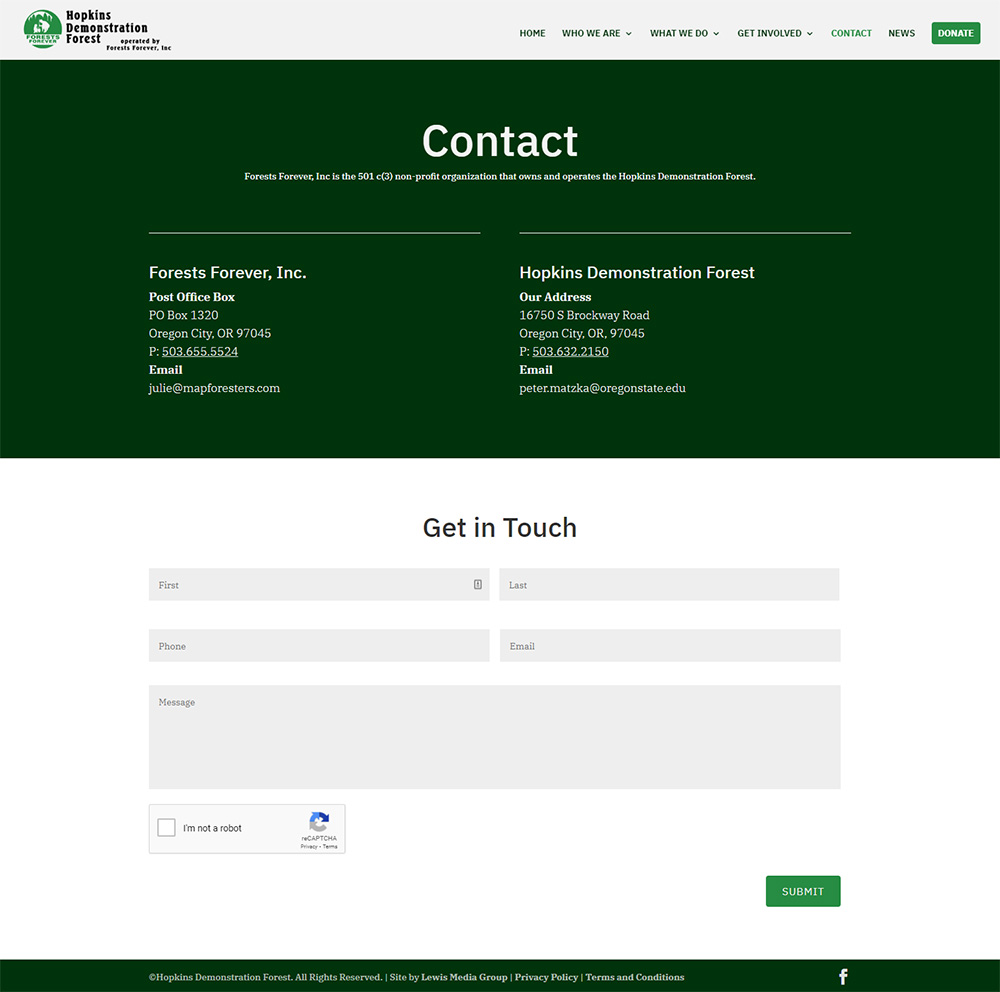 Hopkins Demonstration Forest Contact page after redesign