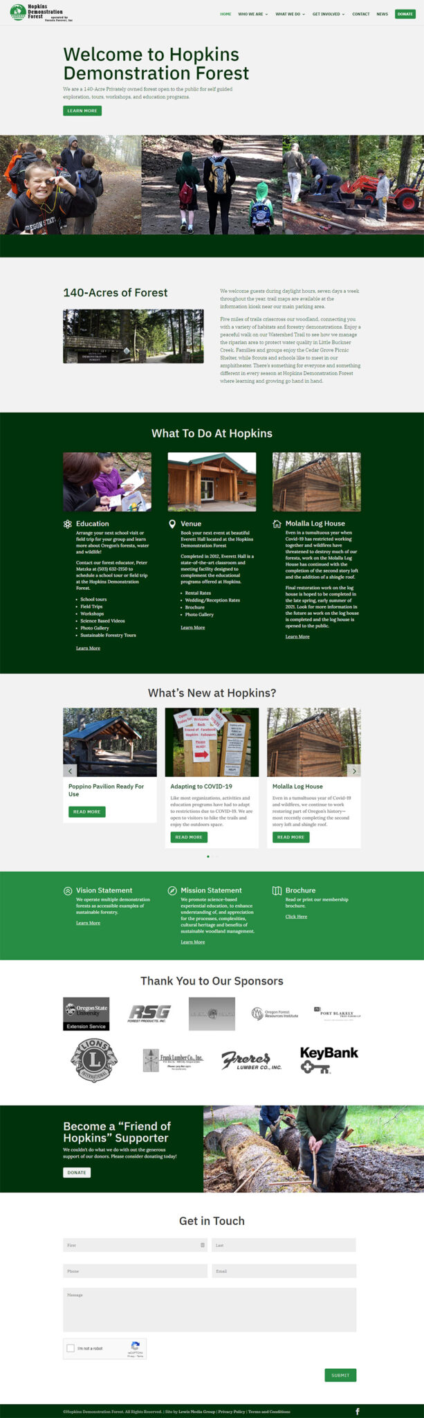 Hopkins Demonstration Forest Home page after redesign