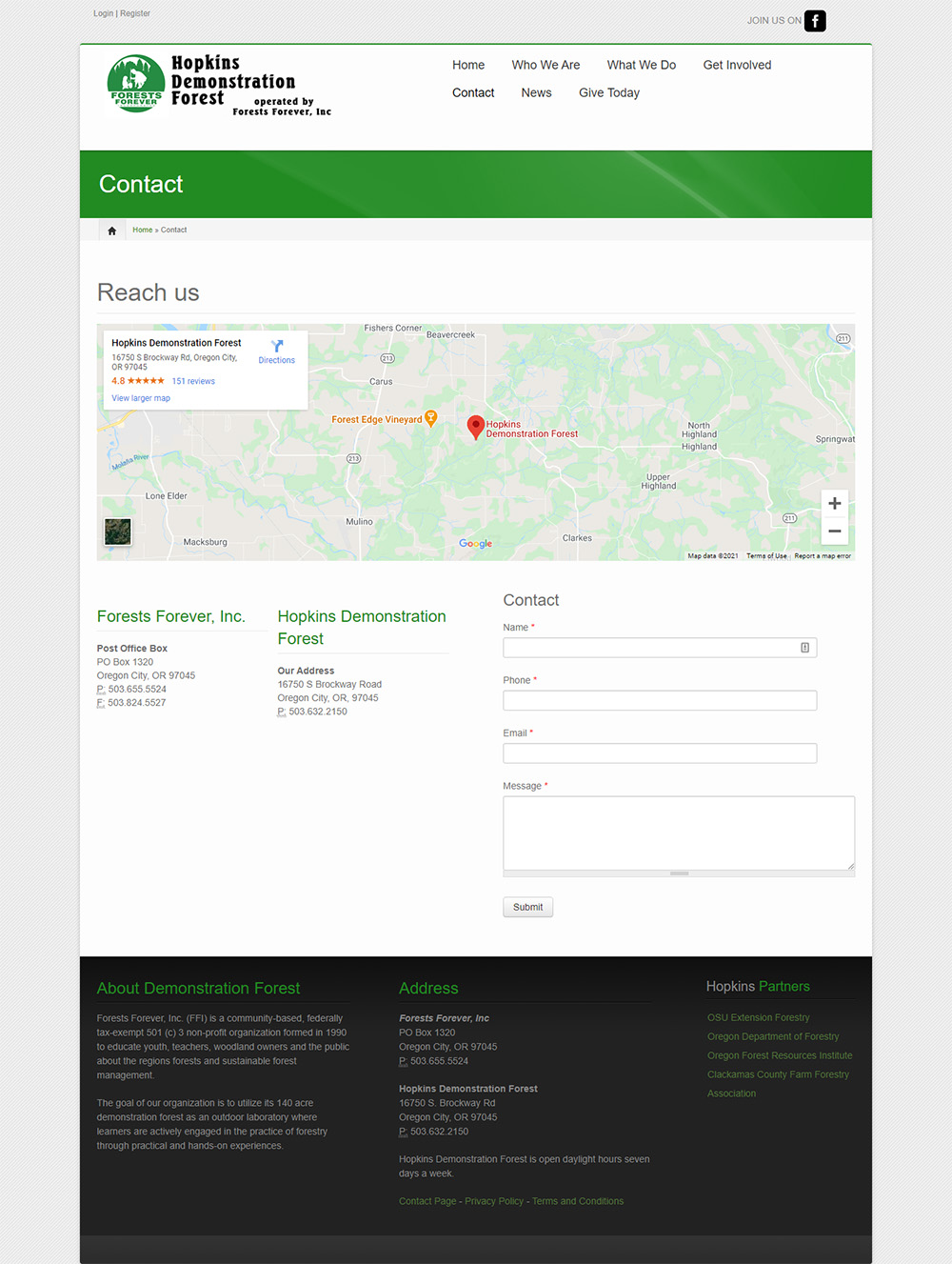 Hopkins Demonstration Forest Contact page before redesign