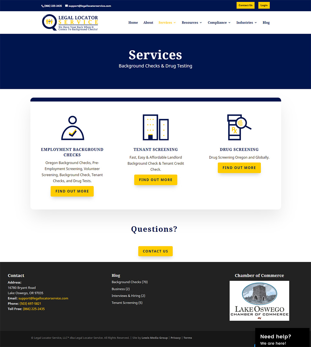 Legal Locator Service services page after redesign