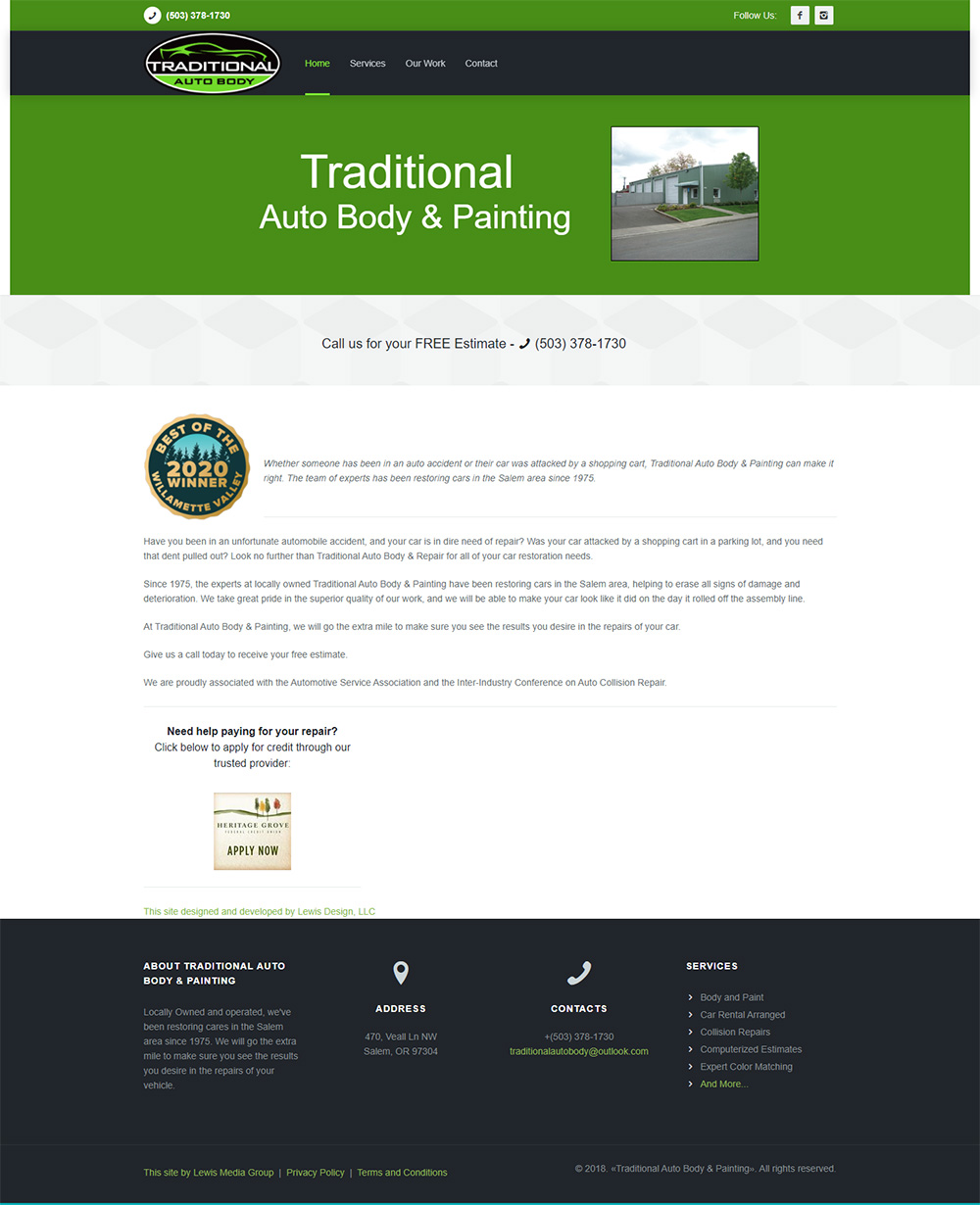 Traditional Auto Body Home page before redesign
