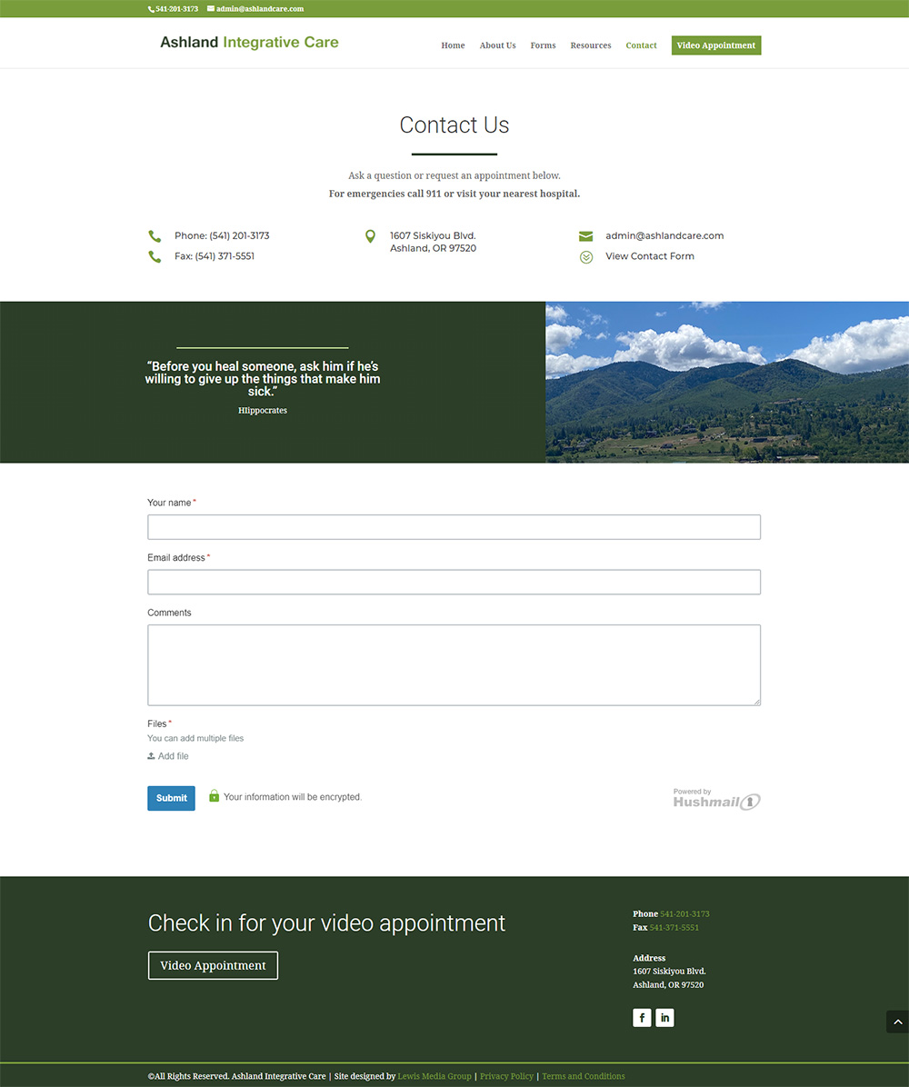Ashland Integrative Care contact page after redesign