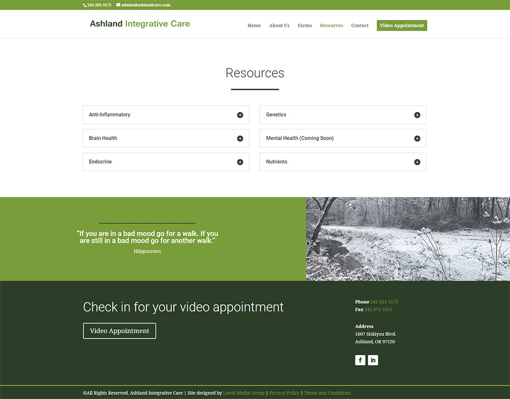 Ashland Integrative Care resources page after redesign