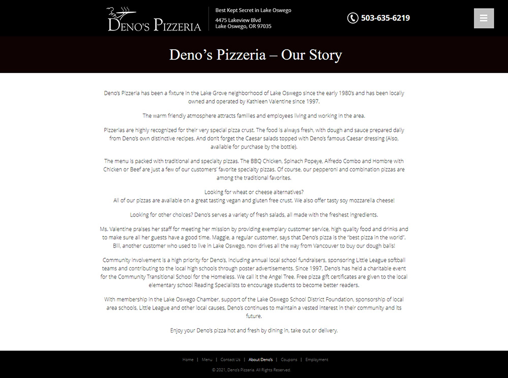 Deno's Pizzeria About page before redesign