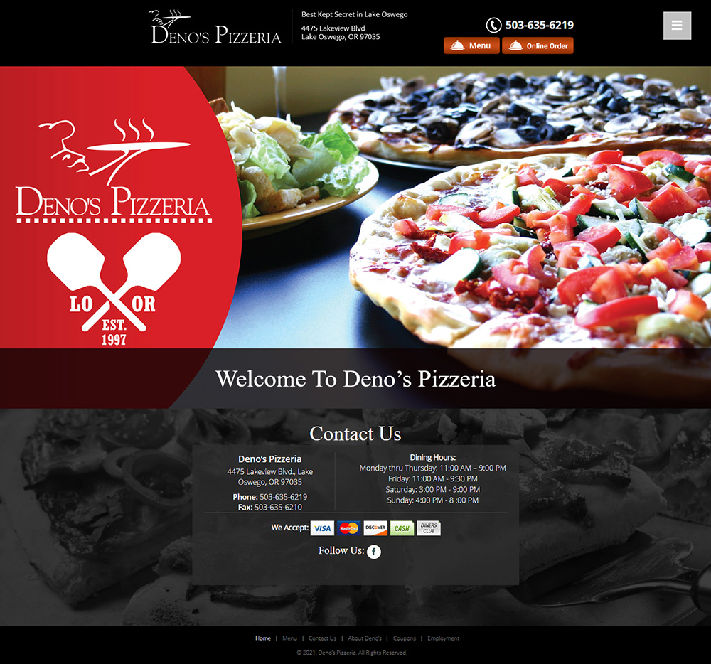 Deno's Pizzeria Home page before redesign