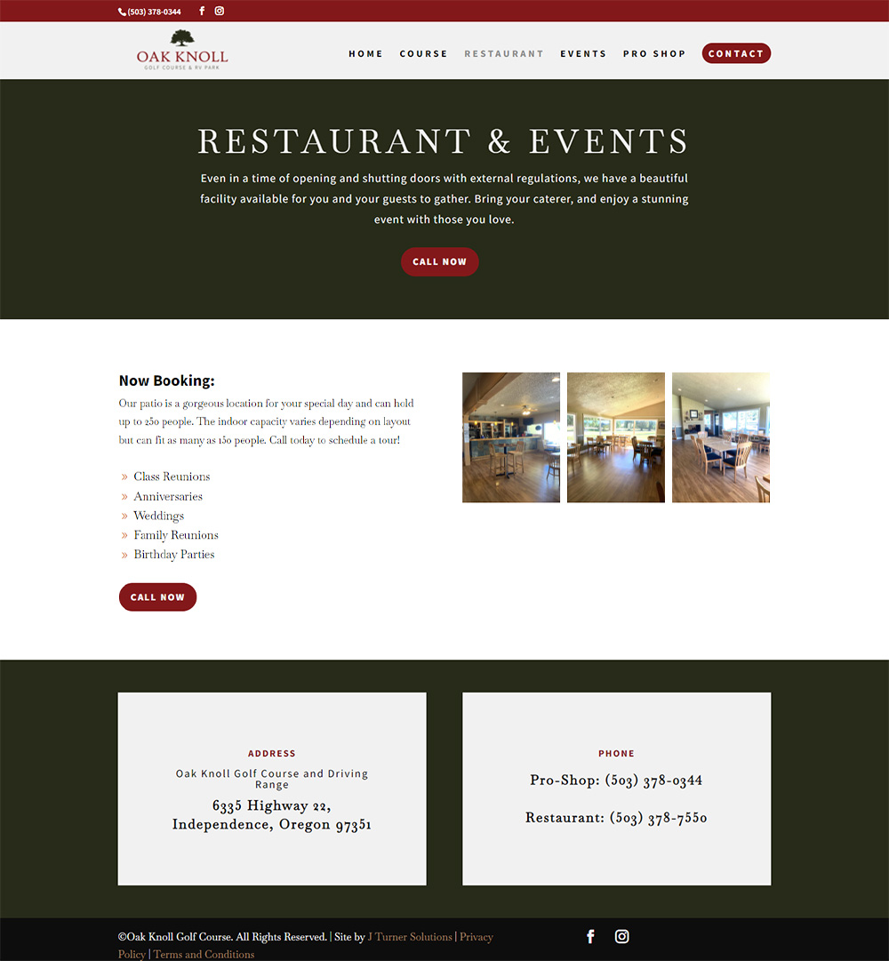 Oak Knoll Golf Course Restaurant page after redesign