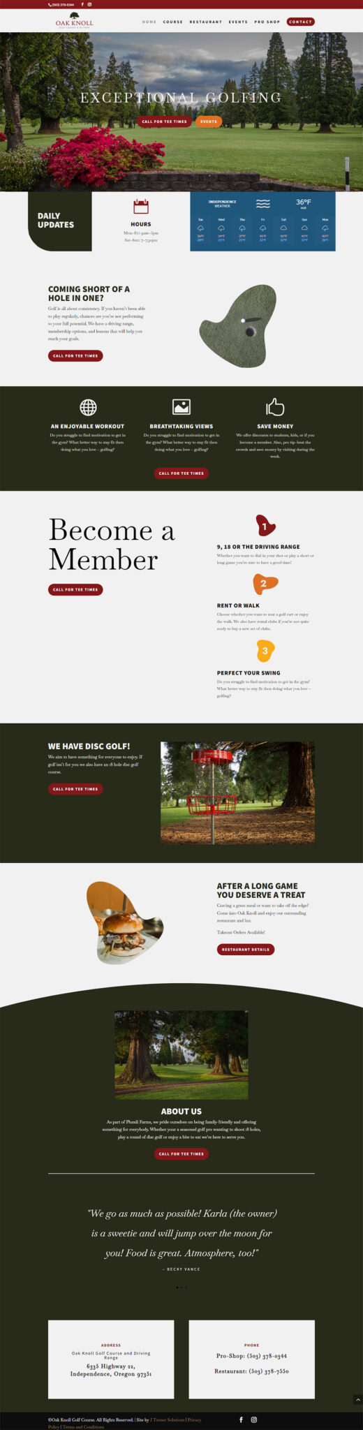 Oak Knoll Golf Course home page after redesign