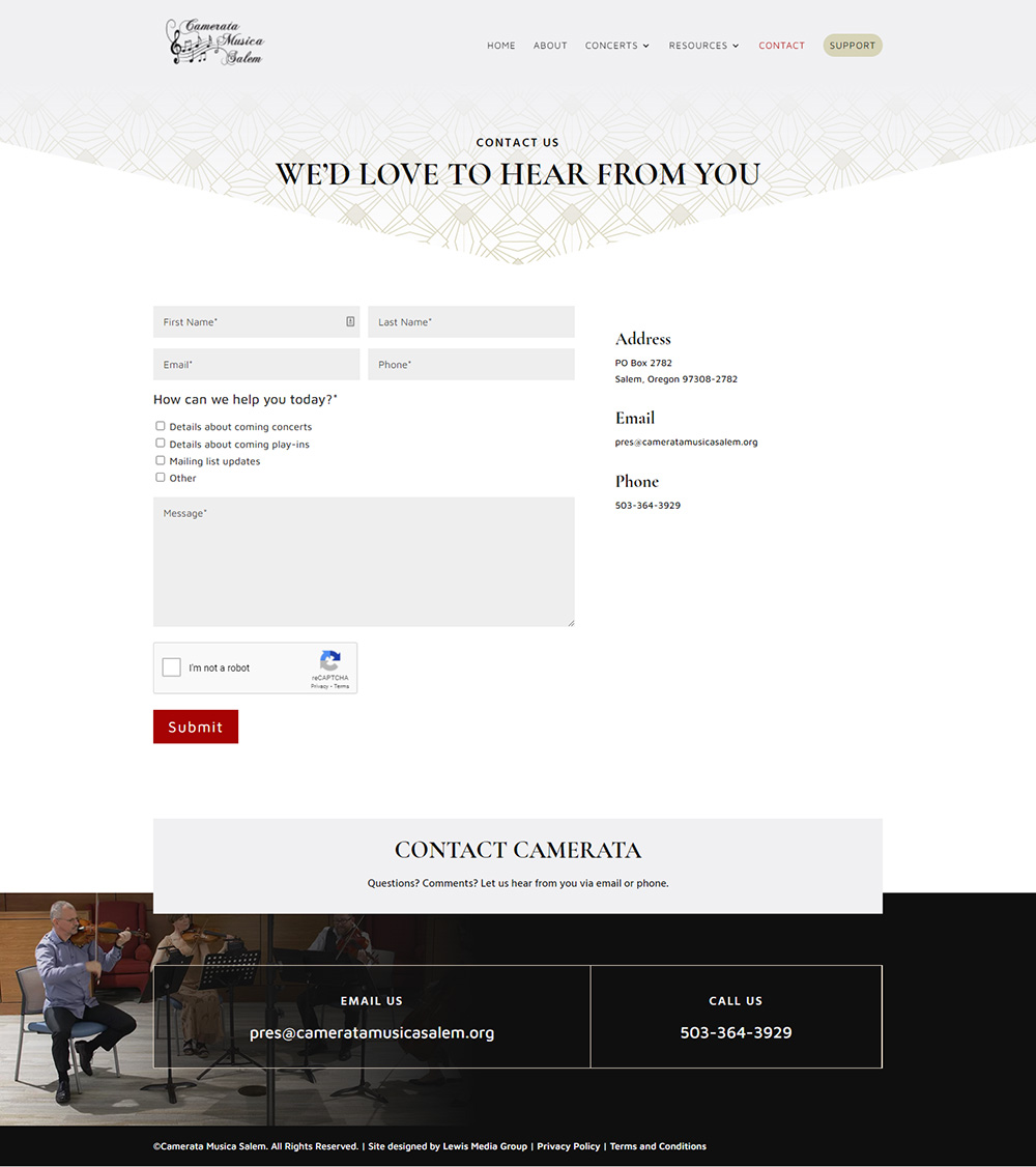 Camerata Musica Salem Contact page after redesign