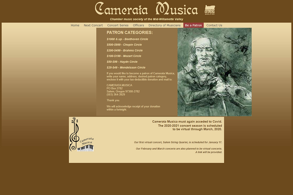 Camerata Musica Salem Donate page before redesign
