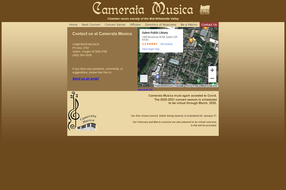 Camerata Musica Salem Contact page before redesign