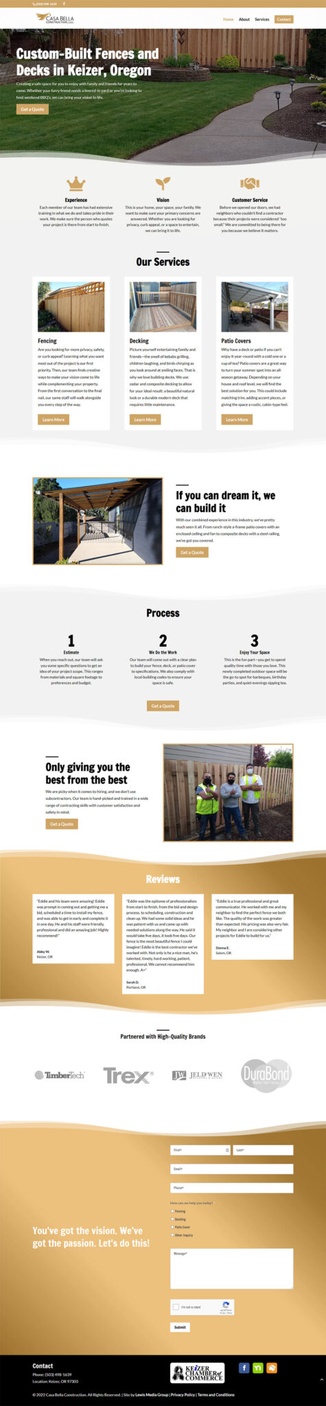 Casa Bella Construction Home page after redesign