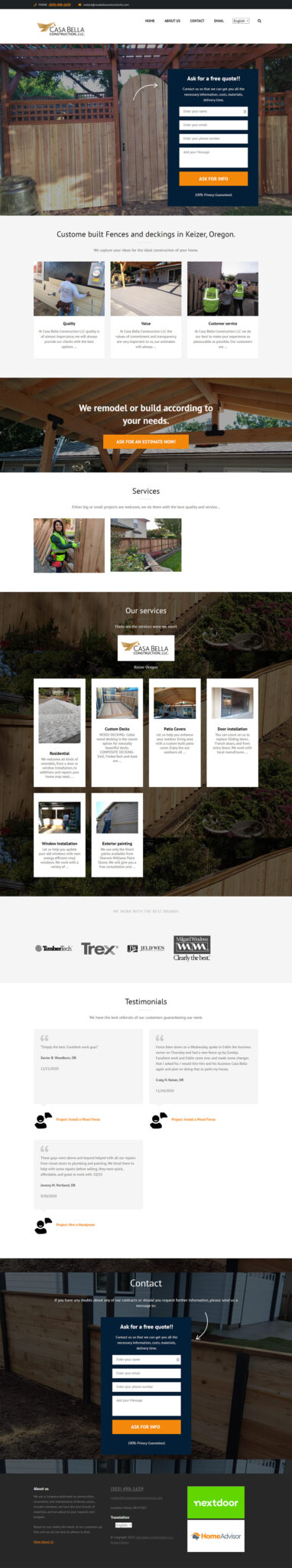 Casa Bella Construction Home page before redesign