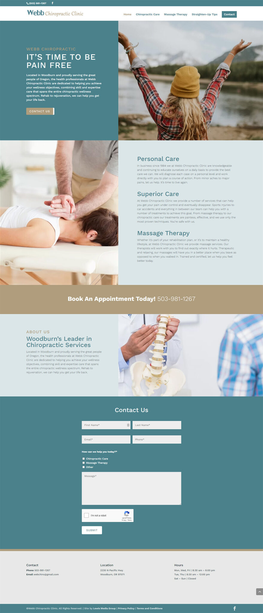 Webb Chiropractic Clinic Home page after redesign