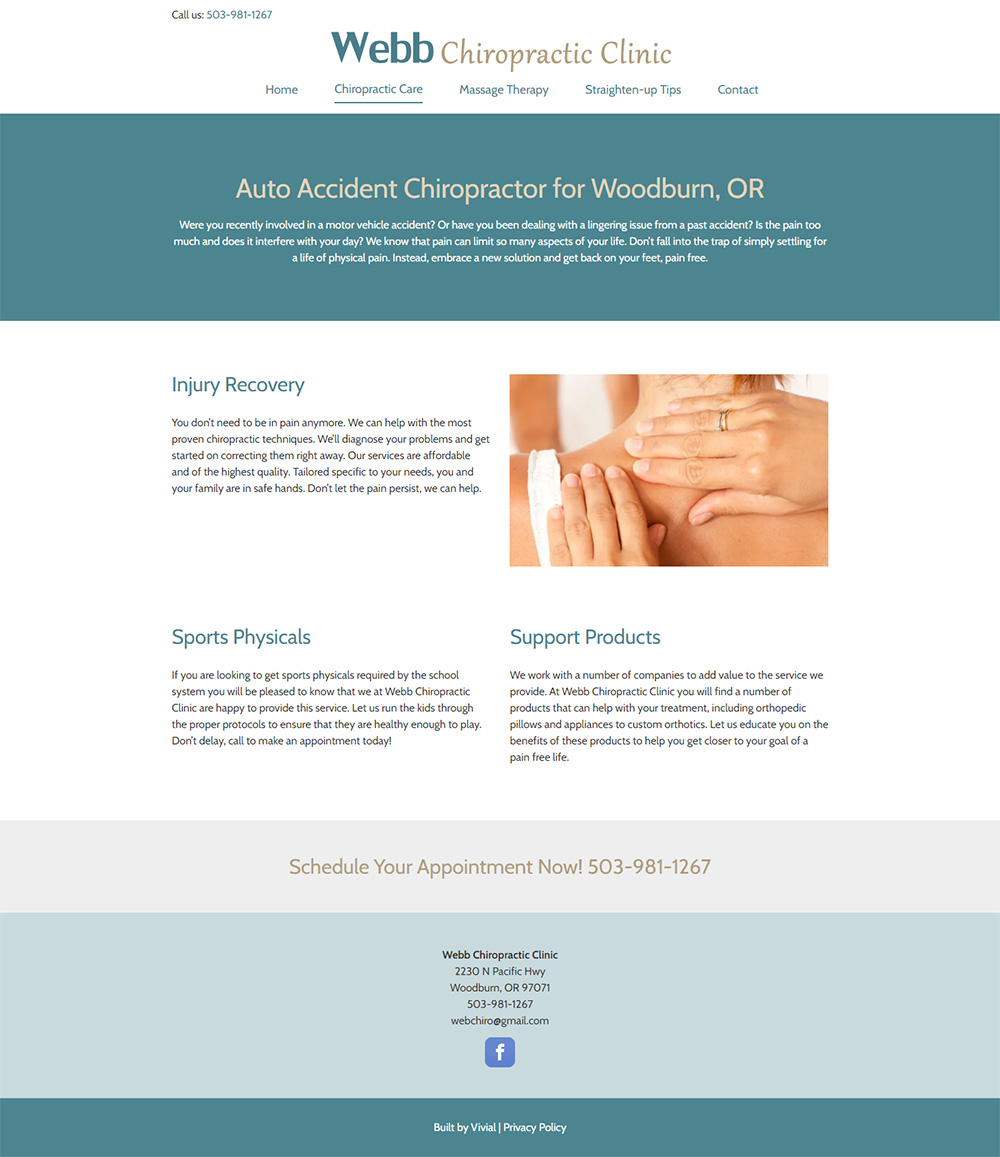 Webb Chiropractic Clinic Chiropractic Care page before redesign
