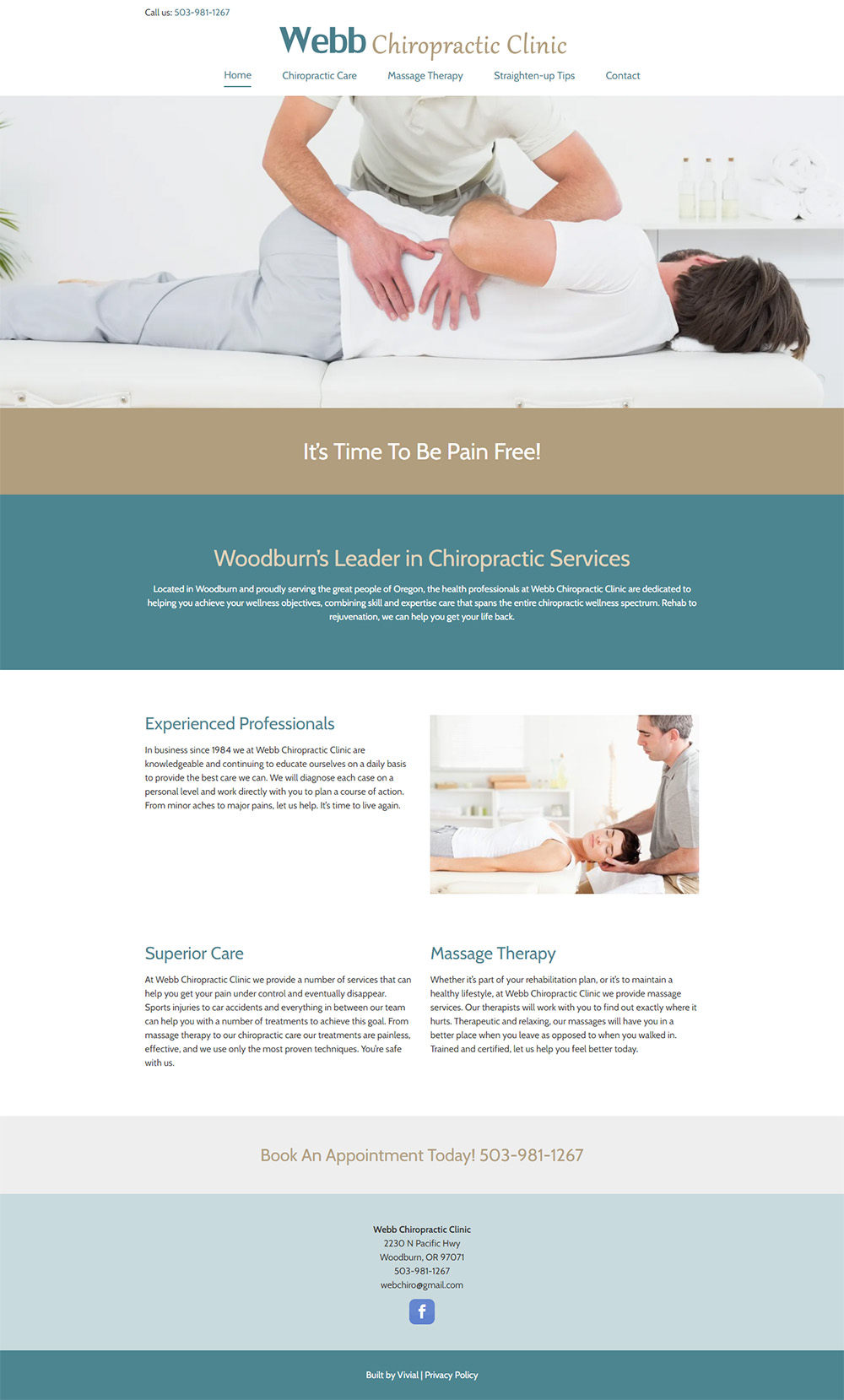 Webb Chiropractic Clinic Home page before redesign