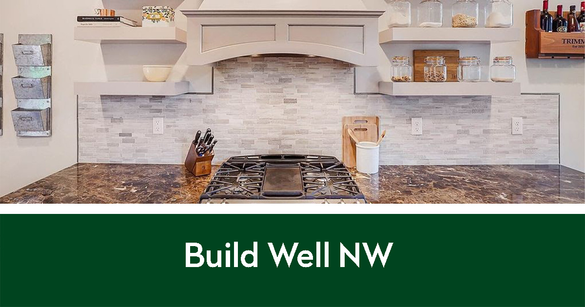 Build Well NW | Marble countertop and stove with shelving