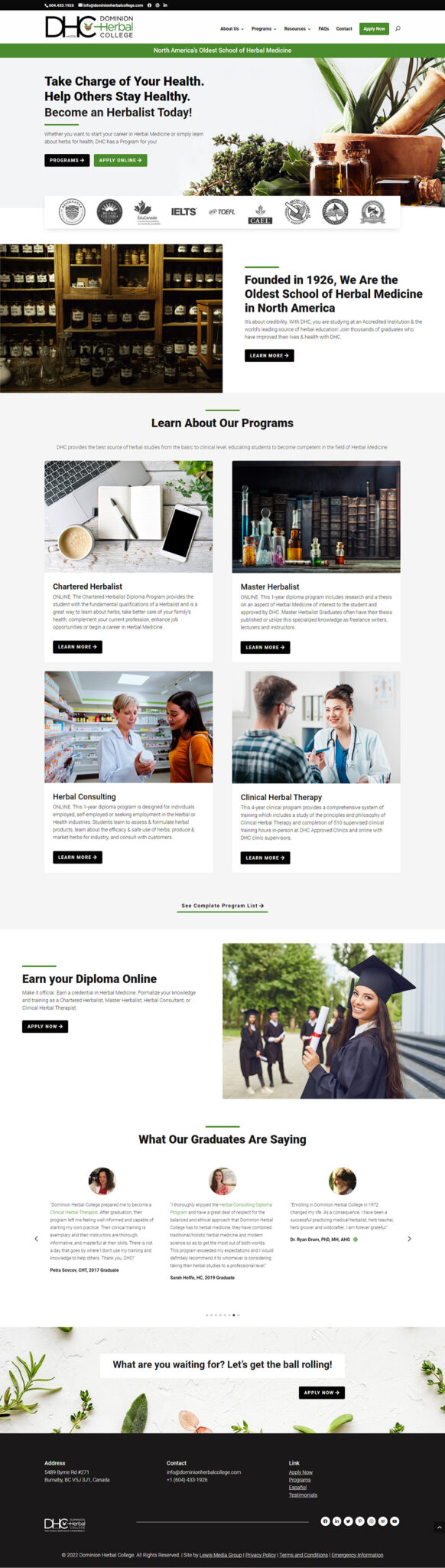 Dominion Herbal College home page after redesign