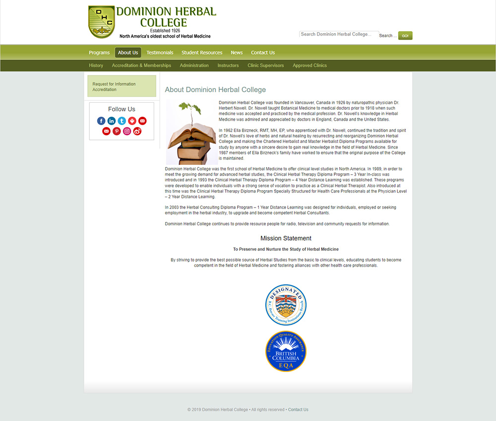 Dominion Herbal College about us page before redesign
