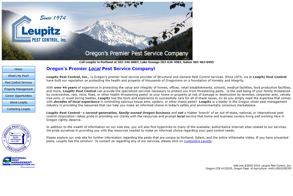 Leupitz Pest Control home page before redesign