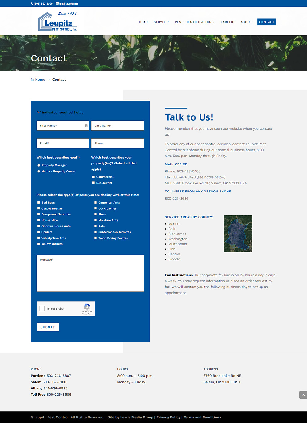 Leupitz Pest Control contact page after redesign