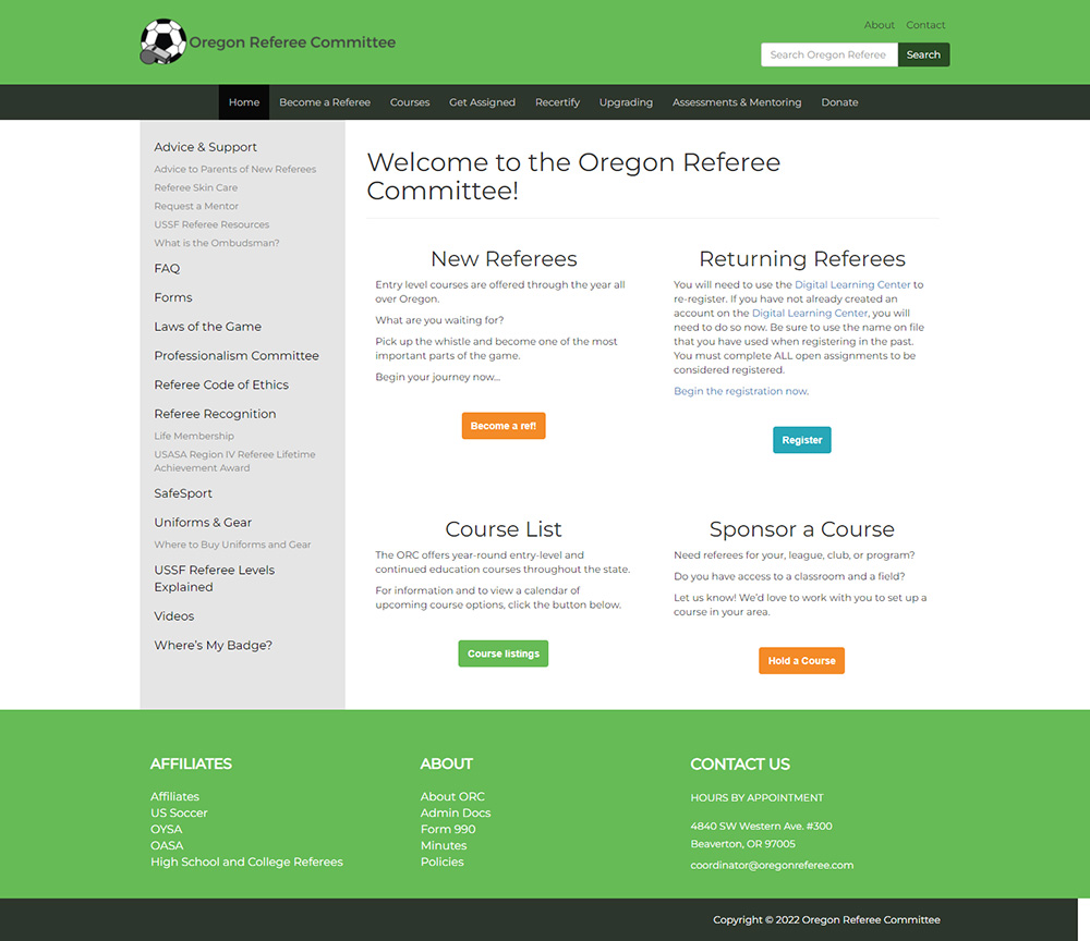 Oregon Referee Committee Home page before redesign