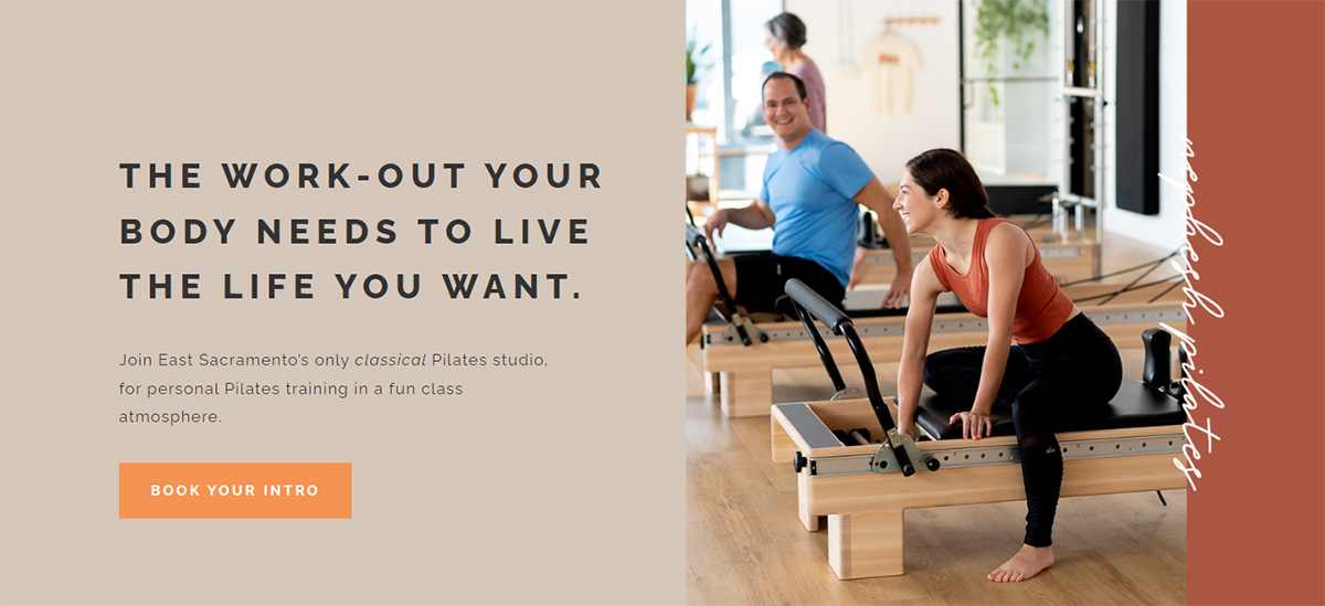 Pilates studio homepage screenshot the work-out your body needs to live the life you want next to an image of two people on pilates machines