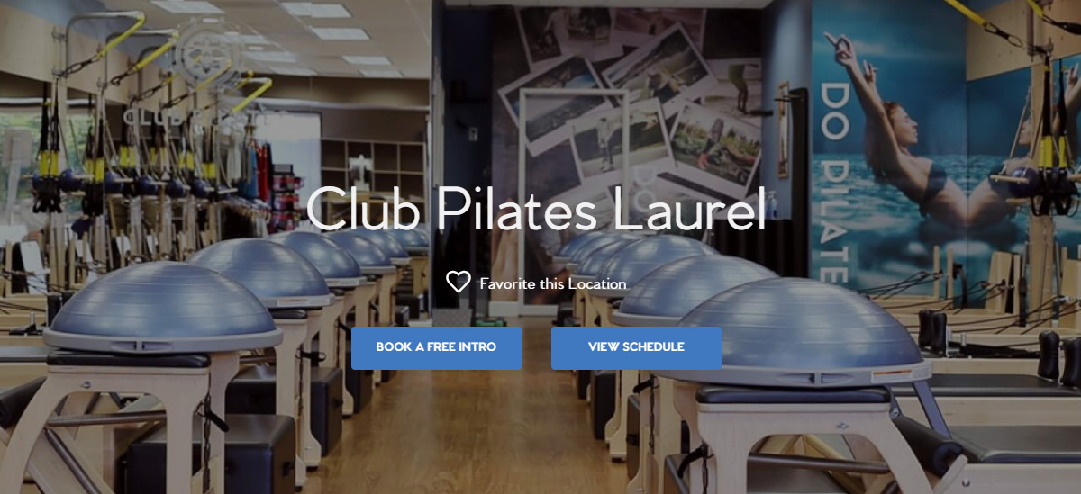 Club Pilates Laurel with a pilates studio background overlay and two buttons to book or view schedule