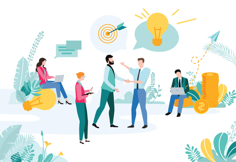 illustration of people working on business projects while a lightbulb, bullseye, paper plane, and plants float around them