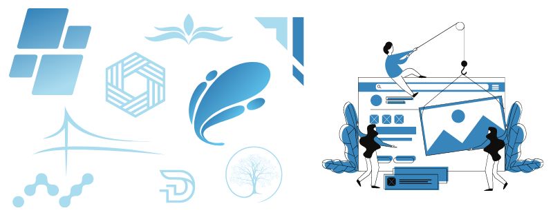 various logo type illustrations in shades of blue next to an illustration of people putting a website together as if it were a building