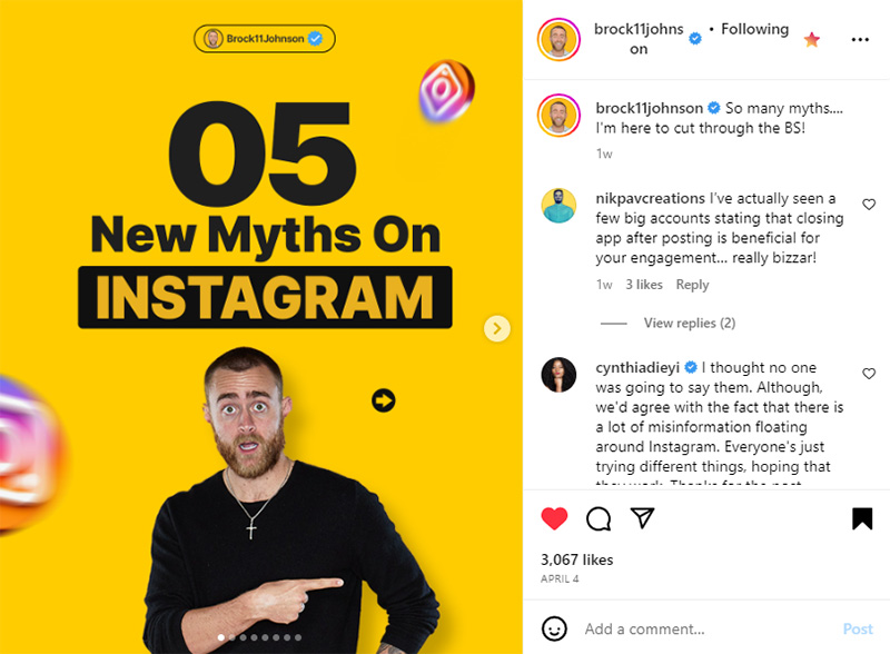 Carousel Post example 05 Myths on Instagram by Brock Johnson