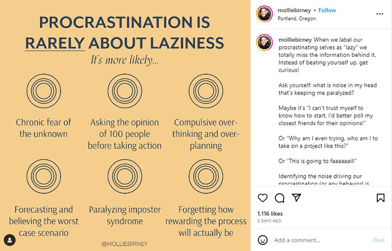 single graphic post example Procrastination is Rarely about Laziness by Mollie Birney