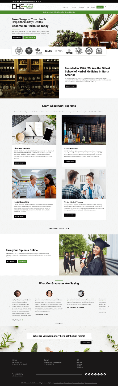 A screenshot of the Website redesign of Dominion Herbal College