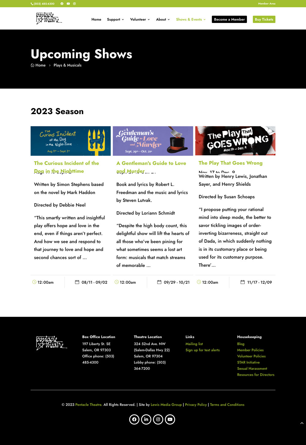 Snapshot of the Shows page on Pentacle Theatre after the redesign