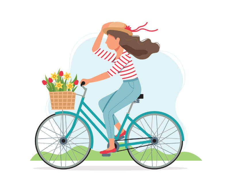 Vector image of a woman on her bike with a basket in front, holding her hat 