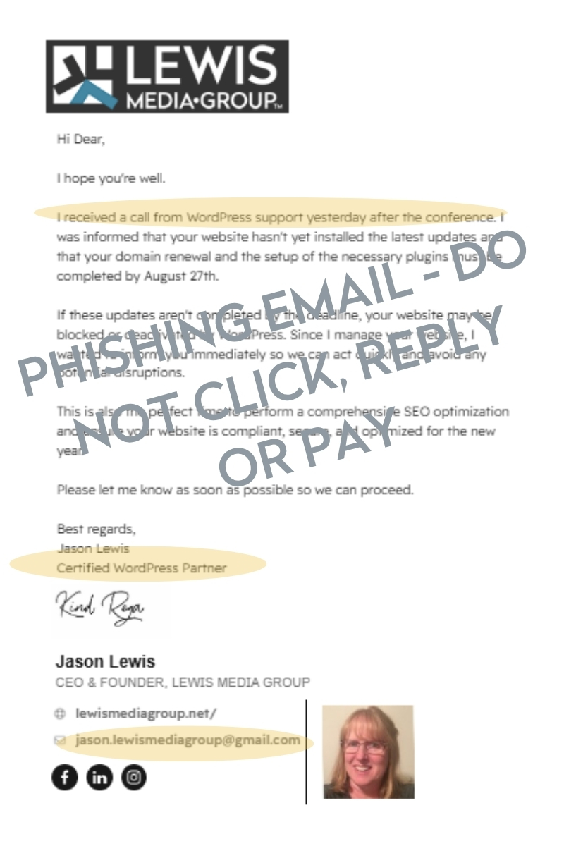 screenshot of phishing attempt email impersonating Lewis Media Group