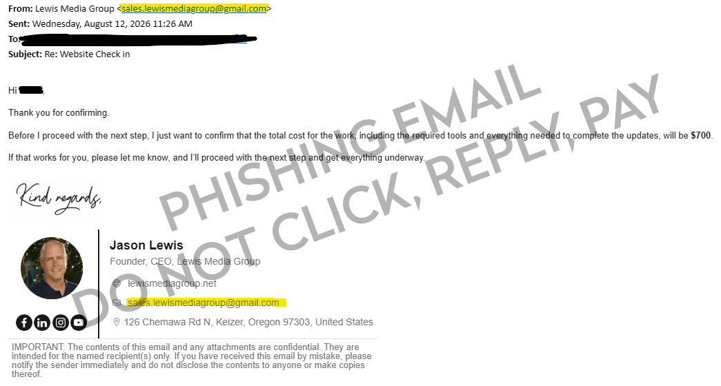 screenshot of phishing attempt email impersonating Lewis Media Group